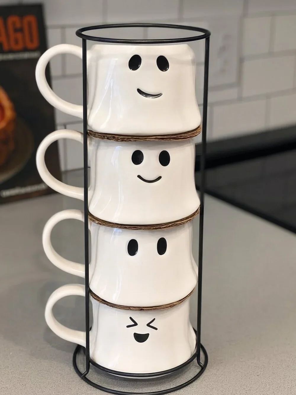 NEW Ceramic Ghost Mugs Mug Set of 4 Stacking Stackable White Stoneware Can hold